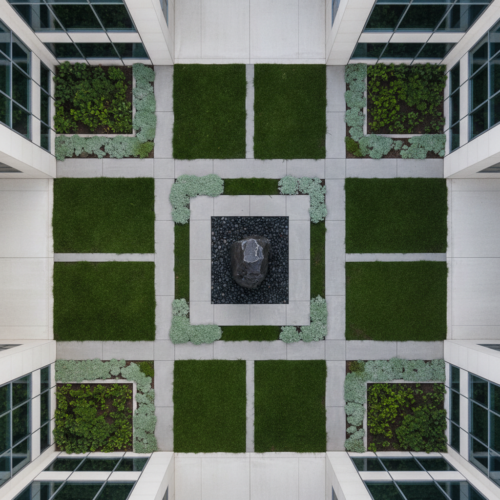 An overhead bird’s-eye view of a geometric garden layout directly adjacent to a modern architectural façade, defined by rectilinear poured concrete paths, alternating panels of low-maintenance groundcover, and a sculptural, monolithic basalt centerpiece. The environment is set in a meticulously maintained commercial campus courtyard, with neutral pathways and lush greenery punctuating the design. Bright, evenly distributed midday sunlight ensures sharp lines and minimal shadows, highlighting the project’s balanced composition and attention to architectural integration. The photograph employs a perfectly symmetrical, top-down composition, lending a sense of orderliness and professionalism suitable for high-end portfolio storytelling.