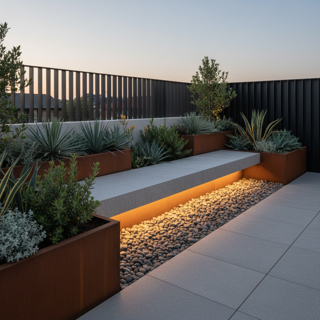 A detailed close-up of an expertly designed, minimalist outdoor seating area featuring a floating, light-gray stone bench with concealed integrated lighting. Surrounding the bench are smooth river pebbles and structured, drought-tolerant greenery planted in modular corten steel planters. The setting is an intimate terrace, framed by slimline architectural fencing in matte black. Soft ambient light at dusk enhances the subtle illumination from the bench, casting elegant, diffuse glows and gentle shadows that create visual interest while preserving a professional tone. The image is shot from a slightly elevated angle, focusing sharply on textures and clean lines for a refined, image-driven presentation with a structured, corporate feel.
