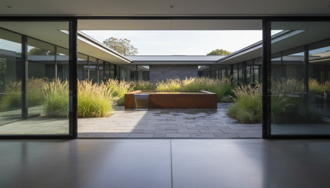 A dramatic, high-resolution photograph of a seamless architectural transition between a polished concrete interior and a tranquil, landscaped exterior courtyard. Floor-to-ceiling sliding glass doors dissolve the boundary, revealing textured basalt paving, sculpted native grasses, and a rust-finished water feature outside. Natural morning light spills gently across both spaces, highlighting the careful material palette and strategic plant placement. Viewed at a low, wide angle with sharp focus throughout, the composition emphasizes depth and connection between spaces. The atmosphere exudes thoughtful luxury and sustainability, with a clean, modern style well-suited for a sophisticated architectural portfolio.