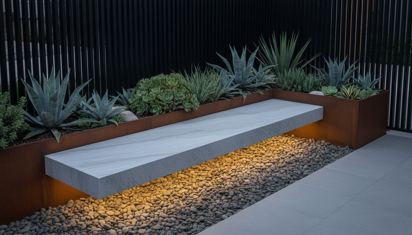 A detailed close-up of an expertly designed, minimalist outdoor seating area featuring a floating, light-gray stone bench with concealed integrated lighting. Surrounding the bench are smooth river pebbles and structured, drought-tolerant greenery planted in modular corten steel planters. The setting is an intimate terrace, framed by slimline architectural fencing in matte black. Soft ambient light at dusk enhances the subtle illumination from the bench, casting elegant, diffuse glows and gentle shadows that create visual interest while preserving a professional tone. The image is shot from a slightly elevated angle, focusing sharply on textures and clean lines for a refined, image-driven presentation with a structured, corporate feel.