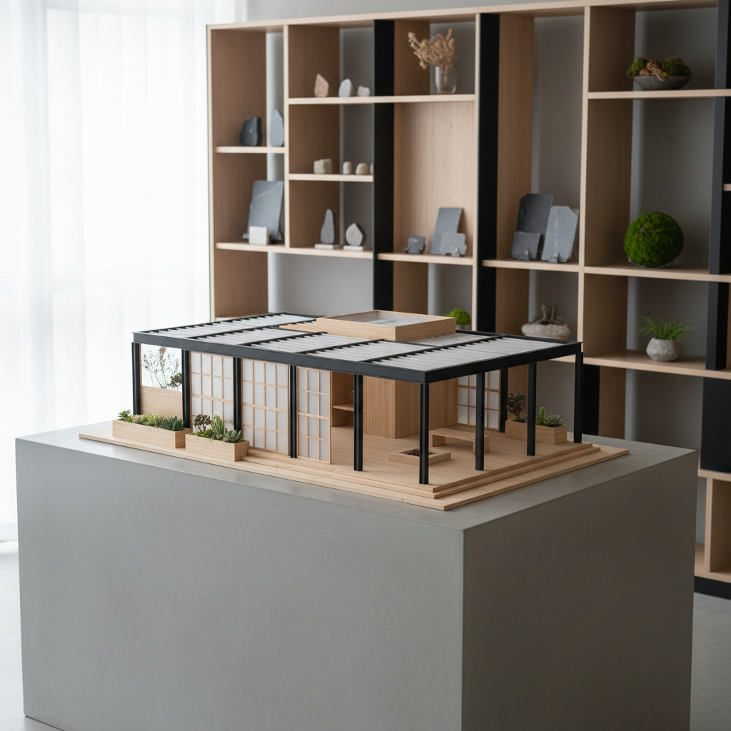 An elegant architectural model of a sustainable outdoor living pavilion, meticulously crafted with pale wood, matte black steel beams, and frosted glass panels. The model rests on a sleek, concrete-finished display plinth in a minimalist studio environment with geometric shelving and samples of natural stone and foliage in the background. Diffused daylight enters through large, unseen windows, casting soft, natural shadows that accentuate the model’s clean lines and structured form. The mood is calm, professional, and quietly inspiring. Photographed at slightly above eye-level with a balanced, centered composition for maximum clarity and a photographic realism that complements a premium, corporate visual aesthetic. Perfect for showcasing the studio’s fusion of indoor and outdoor design.