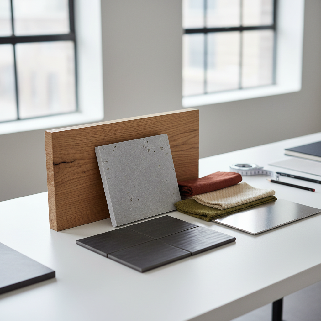 A high-detail, photographic capture of a richly textured architectural materials palette, arranged meticulously on a smooth white desk. Included are samples of sustainable timber, honed limestone, matte charcoal ceramic tiles, brushed stainless steel, and swatches of earth-toned outdoor fabrics. The clean studio environment is enhanced by indirect, soft north-facing daylight, rendering true colors and subtle surface details without glare. The composition is arranged using the rule of thirds, creating a visually pleasing and organized layout. The mood is methodical and thoughtful, reinforcing a narrative of expertise and materials integration central to the architecture studio’s ethos.